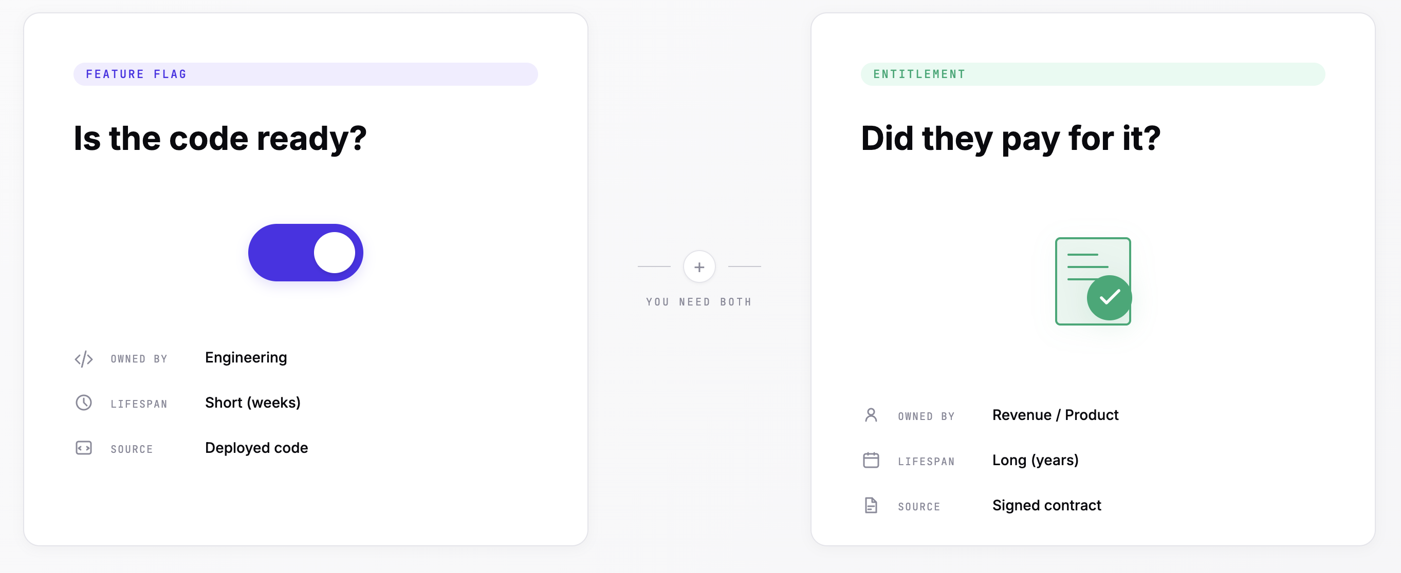 Entitlements and feature flags represented as two coordinated gates (light theme).