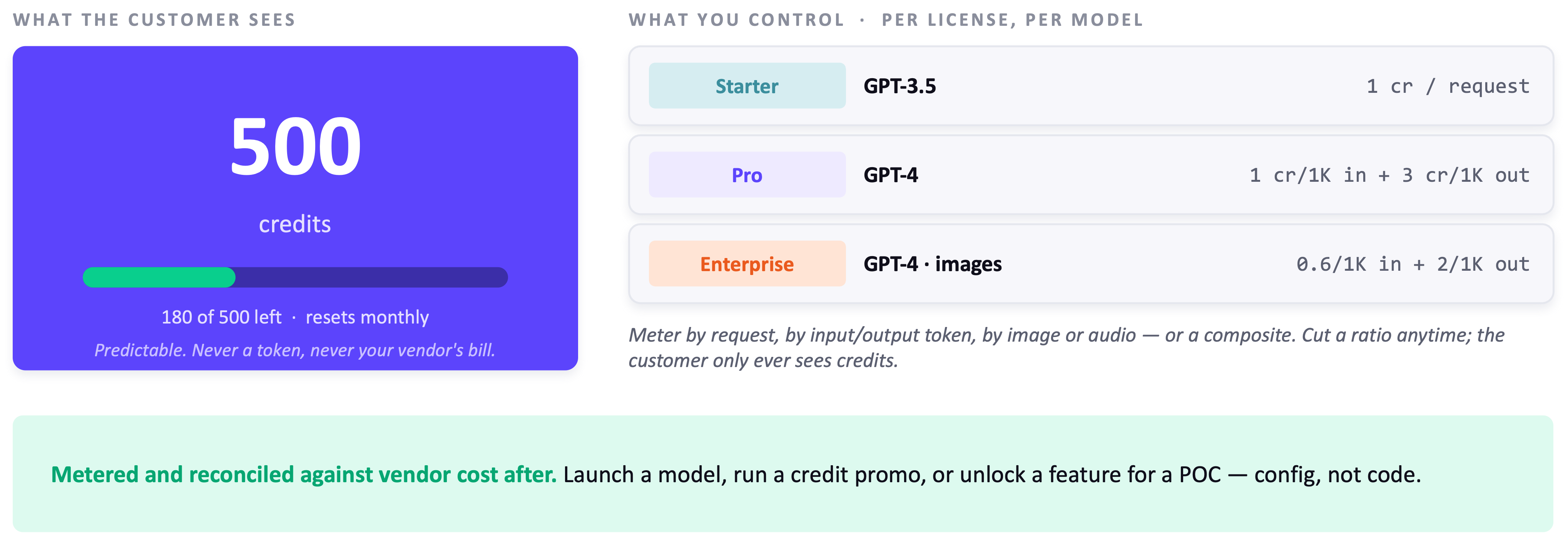 Credit conversion matrix: licenses as rows, models as columns, credit cost per cell, one highlighted with margin adjusted without a deploy (light theme).