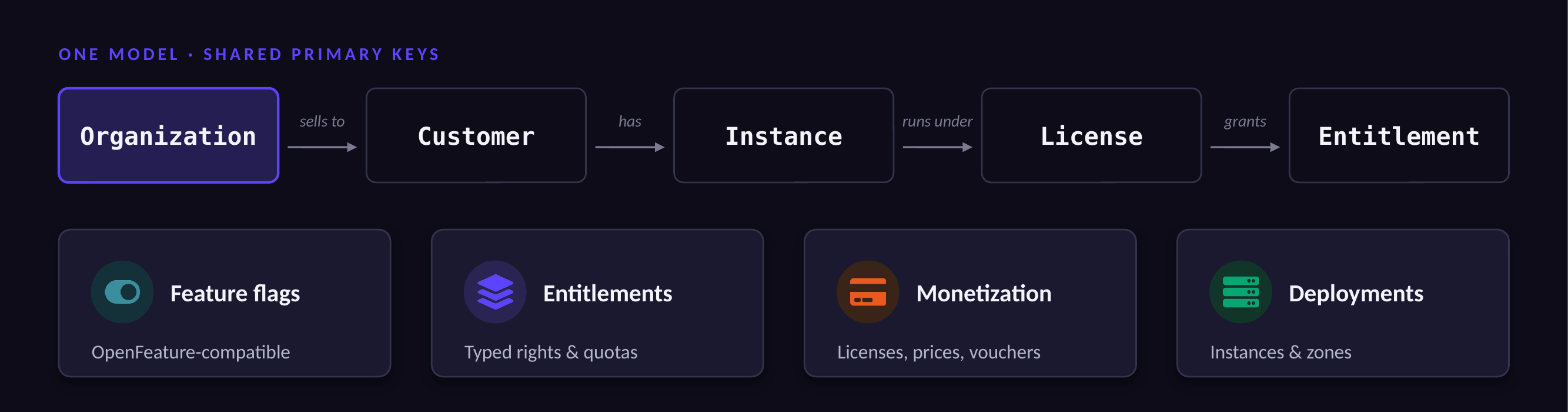 Organization to Customer to Instance to License to Entitlement, with the four capability areas hanging beneath the same keys (dark theme).