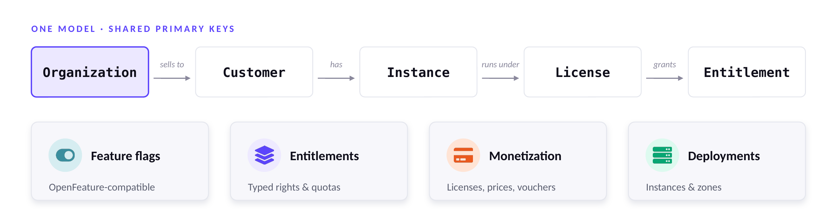Organization to Customer to Instance to License to Entitlement, with the four capability areas hanging beneath the same keys (light theme).