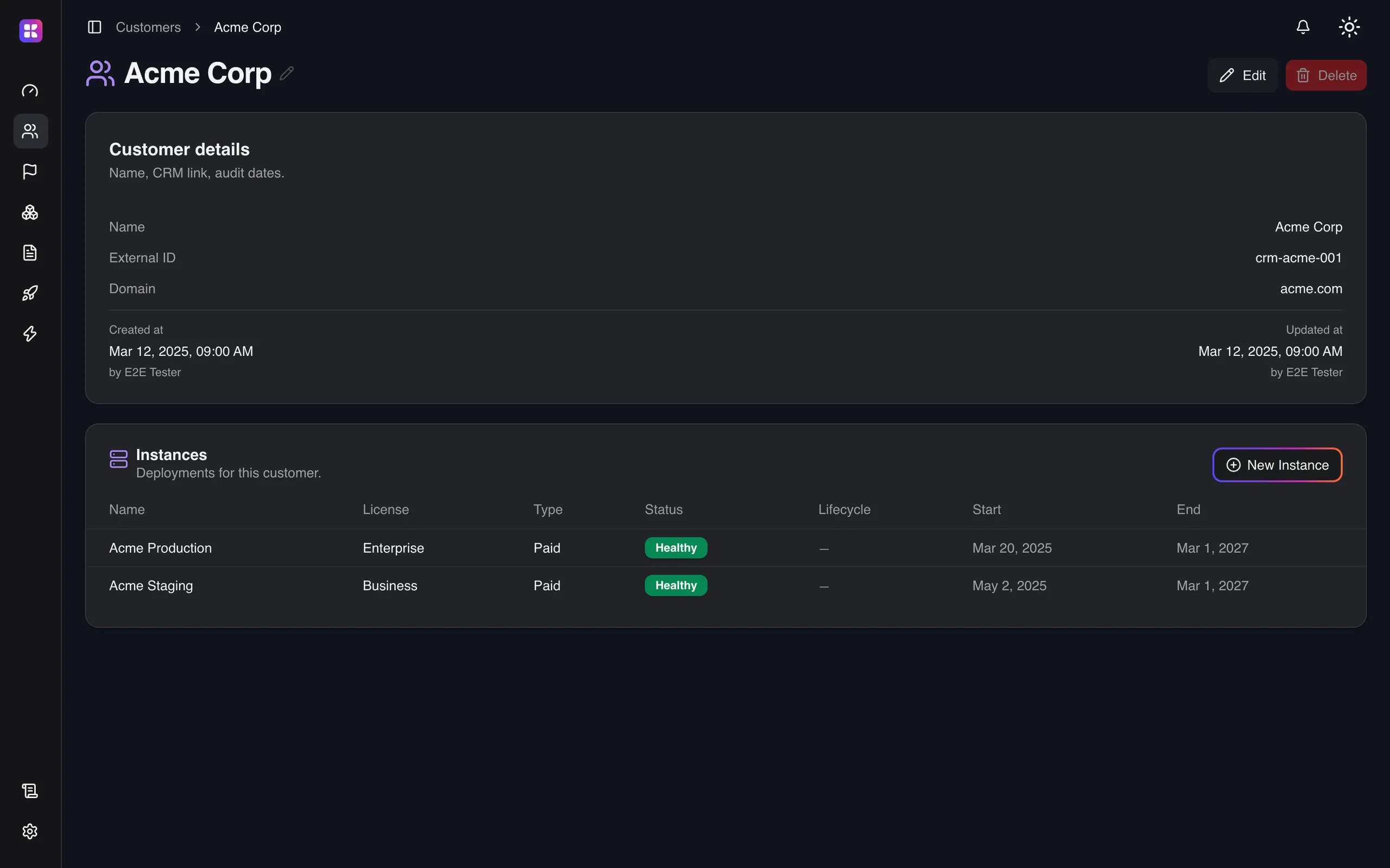 A customer in the Kaiten console: their details and external ID, and each instance with its license, status and dates.