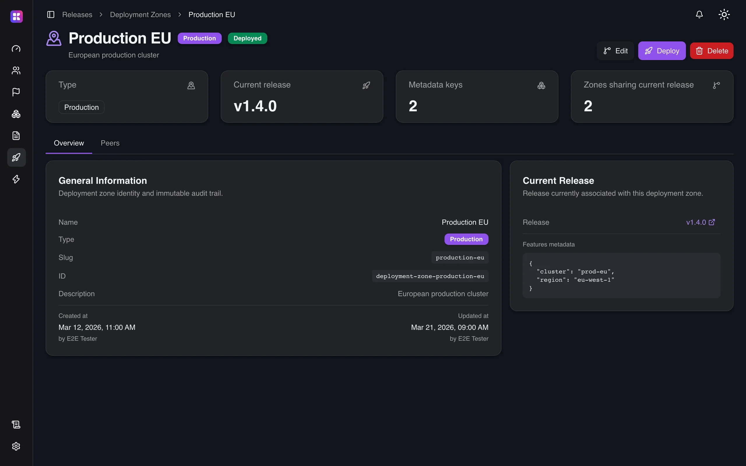 A deployment zone in the Kaiten console: the release it currently runs, its metadata, and how many zones share that release.