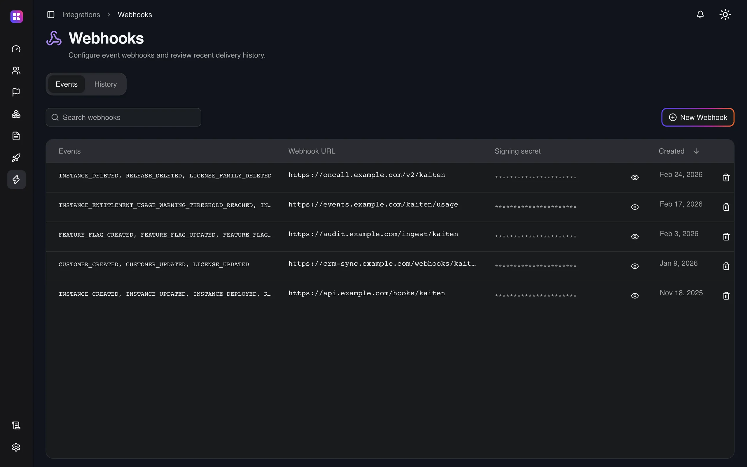 The webhooks page of the Kaiten console: endpoints subscribed to typed events, each with its signing secret.