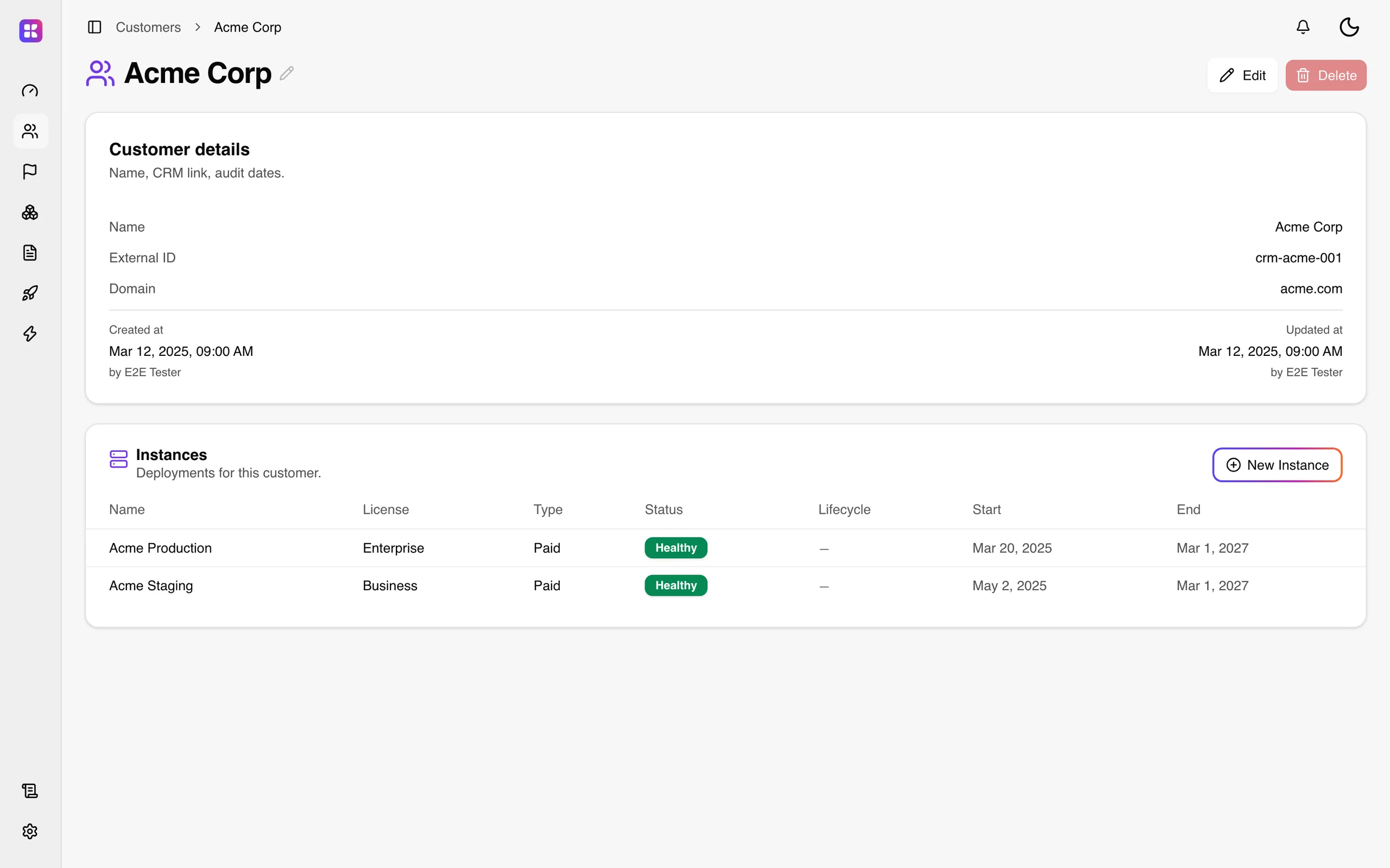 A customer in the Kaiten console: their details and external ID, and each instance with its license, status and dates.