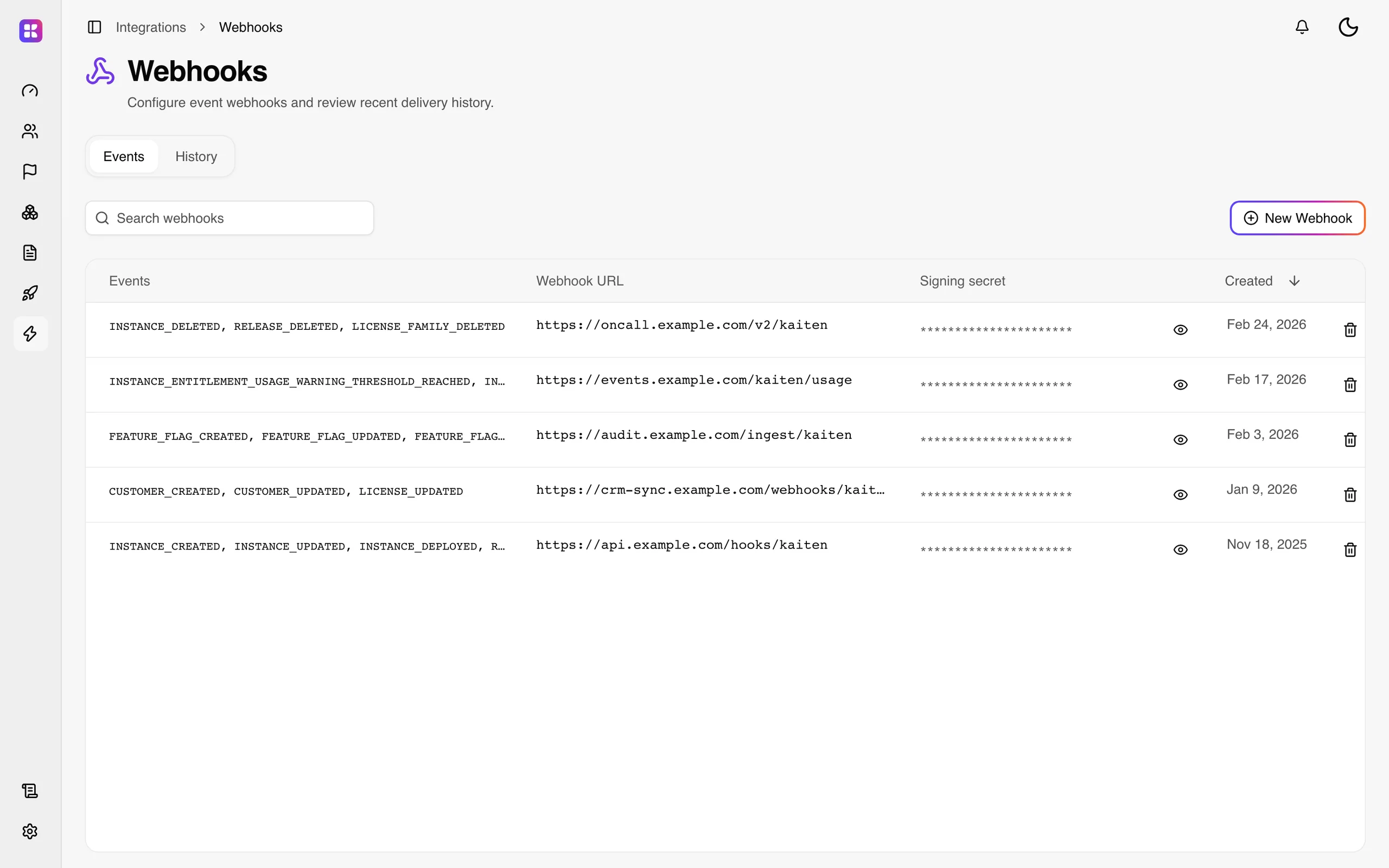 The webhooks page of the Kaiten console: endpoints subscribed to typed events, each with its signing secret.