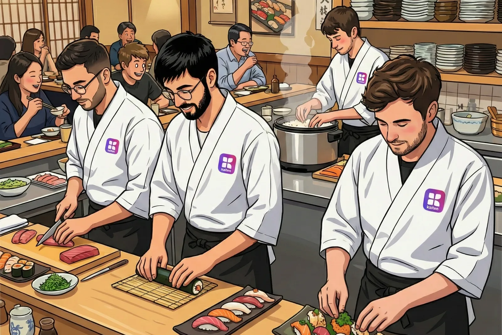 The Kaiten team, drawn as sushi chefs at work behind a restaurant counter